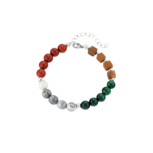 Natural sandalwood beaded bracelet with red Jasper and green cat-eye stone accents