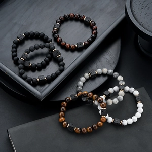 Natural Stone Beaded Bracelet Lava Stone Tiger Eye Agate Matte Stone Elastic Charm Bracelet Vintage Fashion Jewelry For Unisex