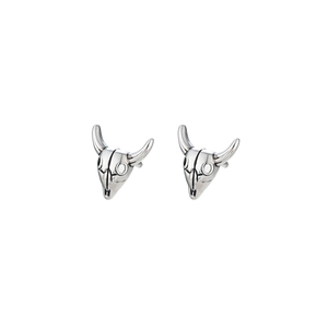 Retro bull skull stud earrings in oxidized stainless steel with punk style horn details