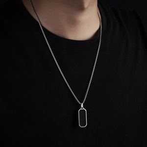 Titanium steel necklace with black rectangle pendant for men, minimalist hip hop accessory