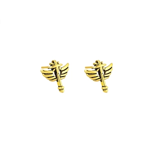 Golden angel wing stud earrings with star cross elements on a white background
