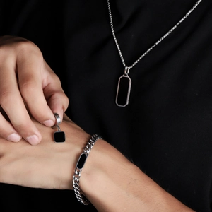 Collana in Acciaio al Titanio Minimalista Con Ciondolo Rettangolare Nero Gioielli di Moda in Stile Industriale Uomo