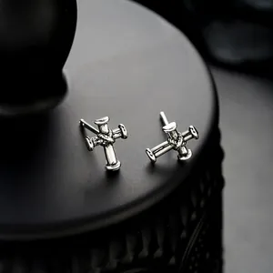 Vintage Copper Cross Stud Earrings For Men Women Hip-Hop Punk Style Electroplated Antique Silver Tone Cross Ear Piercing Jewelry