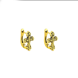 Boucles d'oreilles créoles croix Fleur-de-lis dorées vintage avec relief gothique noir