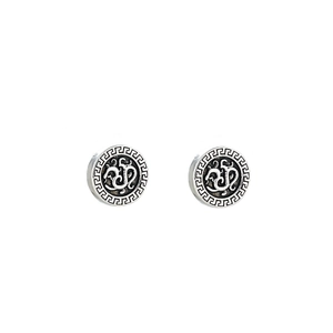 Vintage silver magnetic earrings with Greek key pattern and Om symbol for men and women
