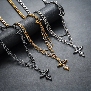 Gothic Titanium Steel Double Layer Cross Pendant Necklace For Men Women Hip Hop Cuban Chain Gold Silver Black Fashion Jewelry