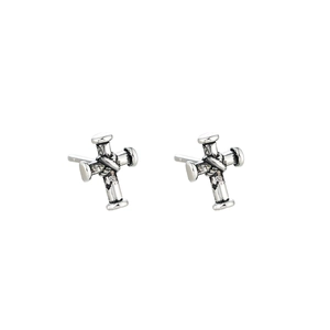Retro industrial style cross earrings in silver finish with metal wire wrap design