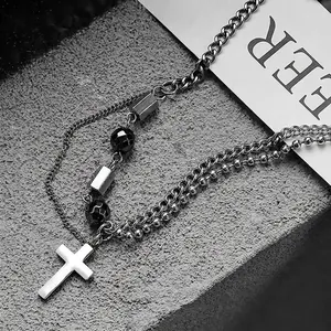 Collier Pendentif Croix à Double Couche en Acier Titane Hip Hop Bijoux Minimalistes pour Hommes Femmes Collier Couleur Acier