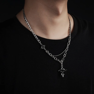 Men's silver titanium steel double-layer necklace with cross pendant and Cuban chain