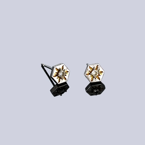Detail of hexagonal sun studs featuring central zircon stone and golden rays on silver base