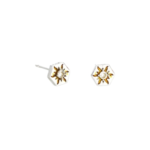 Silver hexagonal sun stud earrings with clear zircon and orange enamel details