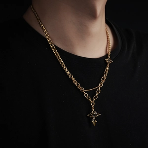 Men's titanium steel gold Cuban link necklace with a black gothic cross pendant
