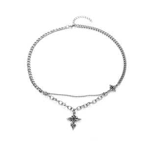 Double-layered titanium steel cross pendant necklace with silver Cuban and bead chain