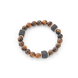 Tiger eye stone and black lava rock beaded bracelet with golden spacers on white background