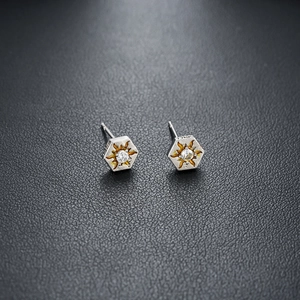 Macro view of S925 sterling silver sunburst stud earrings with central cubic zirconia