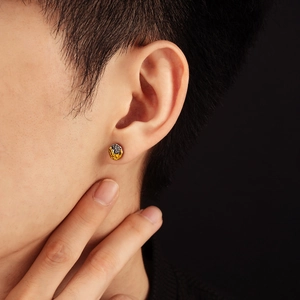 Modern sun and mountain relief stud earrings in two-tone metal for men and women