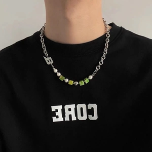 Hip Hop Stainless Steel Beaded Patchwork Necklace With Letter B Pendant Imitation Pearl Green Marble Beads For Men Women Fashion Jewelry