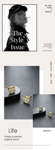 Detail of square vintage earrings with black engraved patterns in gold and silver