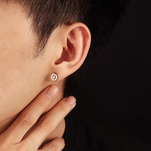 Men's hexagonal sun stud earring with silver finish and sparkling center zircon crystal