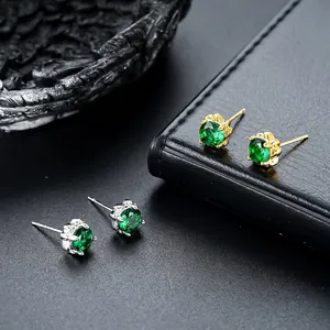 Minimalist Copper Green Rhinestone Stud Earrings Four Prong Fashion Ear Jewelry For Men Women Gold Silver Plated Accessory