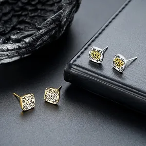 Vintage Copper Lotus Stud Earrings Square Geometric Earrings New Chinese Style Fashion Jewelry Accessory For Men Women