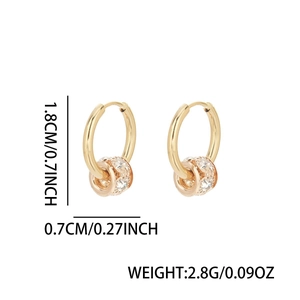 Gold round huggie hoop earrings with cubic zirconia beads, height 1.8cm, pair for men women