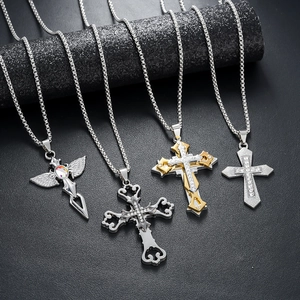 Set of four stainless steel cross and angel wing necklaces for men on a dark background