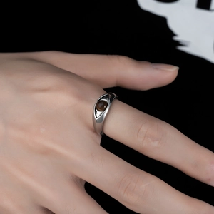 Vintage silver-plated Eye of Horus ring with a central brown tiger eye stone inlay