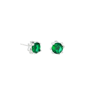 Elegant silver four-prong stud earrings featuring large round brilliant green zircon stones