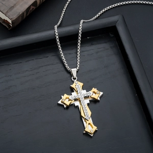 Two-tone gold and silver cross pendant necklace with zircon stones on round box chain