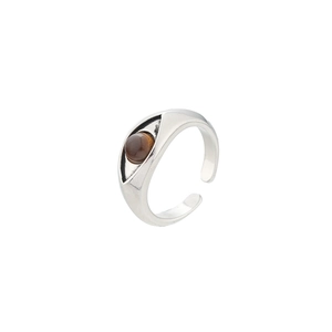 Retro Eye of Horus open ring with silver finish and brown tiger eye gemstone