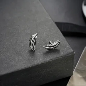 Vintage Titanium Steel Feather Stud Earrings For Men Women Unisex Retro Geometric Electroplated Ear Jewelry Non-Fading