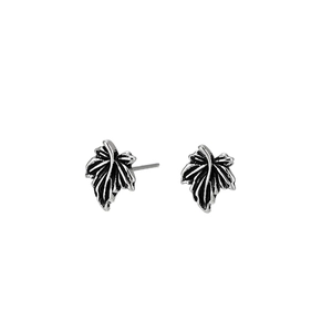Vintage maple leaf studs in aged silver finish with detailed vein texture for men and women