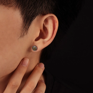 Punk style round silver earring for men with black shield crest and gold gothic cross