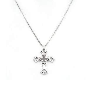 Vintage silver cross pendant necklace with sparkling zircon and delicate hollow patterns