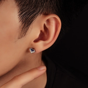 Geometric square earrings with blue and white V-shape enamel on silver metal for men