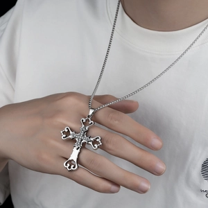 Gothic hollow cross pendant necklace in silver stainless steel with sparkling crystals