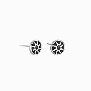 Pair of vintage sunburst silver stud earrings with black enamel circular design