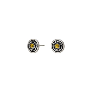 Vintage Eye of Horus stud earrings with yellow all-seeing eye and engraved symbols