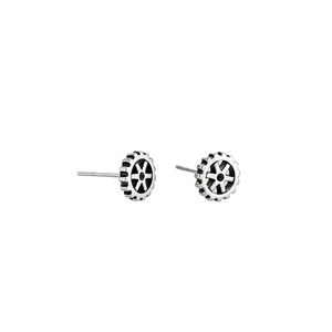 Industrial gear stud earrings in silver metal with vintage black accents for men and women