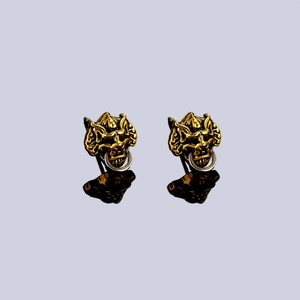 Vintage Chinese style mythical beast stud earrings with silver rings in ancient gold finish