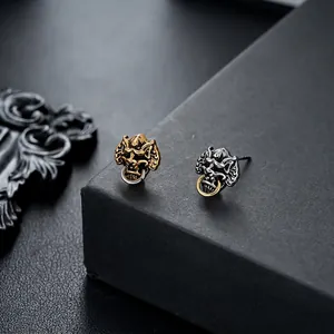 Vintage Chinese Style Copper Beast Head Door Ring Stud Earrings Gothic Punk Auspicious Animal Earrings For Men Women Jewelry