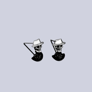 Pendientes de calavera punk con sombrero de copa en plata oxidada para hombre y mujer