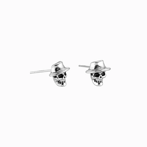 Pendientes punk de calavera con sombrero de copa en acabado plateado envejecido vintage