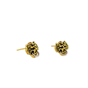Vintage gold lion head stud earrings with silver rings in Neo-Chinese retro style