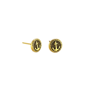 Retro anchor earrings in round gold metal with beaded texture and nautical design