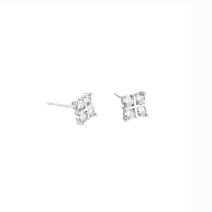 Lucky four-leaf clover silver stud earrings with sparkling cubic zirconia in minimalist design