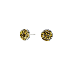 Vintage round stud earrings with embossed golden dragon pattern on antique metal base