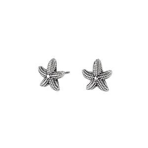 Retro silver starfish stud earrings with textured bead pattern for men and women
