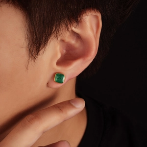 Vintage Tibetan green zircon square stud earring with gold-plated edge on male model